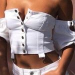 Lovers + Friends  Puff Sleeve Snap Button Front Crop Top White Denim Top Size XS Photo 0