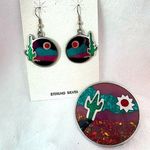 Ninibah Sterling Silver Resin Desert Scene Cactus Dangle Earrings and Pin Brooch Photo 0