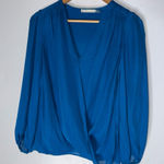 Alice + Olivia  Small Blue Silk Arleene‎ Drape V Neck Blouse Photo 0