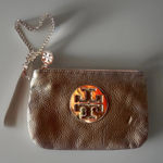 Tory Burch Pebble Leather Wristlet Zip Coin Card Purse Metallic Gold Rare 7”x5” Photo 0