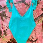 blue v neck frilly open back one piece swimsuit Size M Photo 4