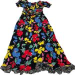 RIXO Dress Womens Size 2 Black Floral Print Off Shoulder Puff Sleeve Maxi Photo 0
