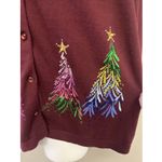 Quacker Factory  Women’s Red Cardigan Sequins Tree Embroidered Long Sleeves Large Photo 3