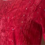 Pretty Red on Red Tie Dye Popover Top Sequin Embellishment Silky 3/4 Sleeve Photo 4