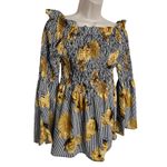 New Glory  Black And White Striped Bell Sleeve Floral Blouse | Size Large Photo 1