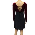 Vintage Lace Up Back Burgundy and Black Velvet Long Sleeve Dress Made USA Large Photo 6