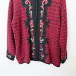 [Icelandic Design] Red Nordic Wool Sweater Floral Embroidered Zip Cardigan Sz XL Photo 6