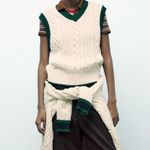 ZARA NWT Cable Knit Varsity Sweater Vest in Cream/Green - XS Photo 2