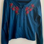 Hollister Teal Rose Floral Embroidered Long Sleeve Photo 0