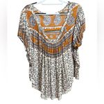 Free People  Paisley Puff Sleeve Swing Top M Boho Oversized Fit Hippie Hi Low Hem Photo 3