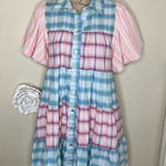 Entro NWT:  Bubble Sleeve Blue, Green, Pink & White Plaid Lined Mini Dress Sz M Photo 0