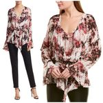 IRO  Red Black Floral Bell Sleeve V-Neck Viscose Blouse Size 44 / Large 12 Photo 1
