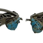 Vintage Silver Tone Leaf‎ Teal Stone Clip On Earrings Boho Retro Germany Photo 0