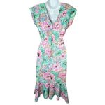 Vintage Avon Teal Pink Floral V Back Midi Dress With Mermaid Ruffle Bottom Hem Size 8 Photo 5
