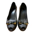 Melissa  Queen Black Peep Toe Wedge Shoes Rubber Bow Gold Tone 4" heel Sz 8 Photo 1