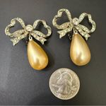 Vintage K.J.L. Kenneth Jay Lane Pave Crystal Bow Faux Pearl Tear Drop Earrings Silver Photo 4