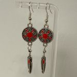 Silver & Red Boho Feather Dangle Earrings Western Mandala Drop Design Photo 3