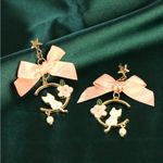 Gold Plated Cute Pink Big Bowknot Drop Earrings‎ Hollow Out Flower White Cat Photo 3