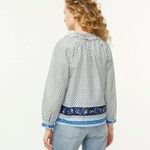 J.Crew  white with blue ribbon block print tie-front ruffle top S Photo 2
