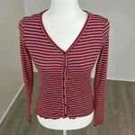 Pink Rose  Red & White Striped Button Front Long Sleeve Top Size S Photo 1