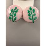 Handmade vintage Pink & Green Leaf Round Stud Earrings Photo 1