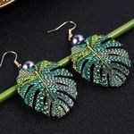 Bohemian Style Green Leaf Drop Earrings With Imitation Pearl Hollow Photo 8
