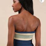Lulus Sunny Signs Navy Striped Ribbed Knit Strapless Top Photo 2