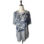Rebecca Taylor ‎ Shirt Women Large Blue White Linen Floral hort Sleeve Tee Boho Photo 1