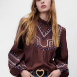 ZARA  Women's Brown Embroidered Top small‎ Photo 0