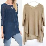 Umgee Gold / Tan Open Weave Knit Asymmetrical Sharkbite Hem 3/4 Sleeve Tunic Top Photo 1