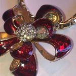 Vintage Gold Tone Red Enamel CZ Rhinestone Boho Retro Bow Pendant Necklace Photo 3