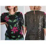 Vintage 1980’s “Sténay” Black Sequin & Beaded Blouse Floral Pattern Large Photo 1
