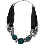 Handmade Chunky Beaded Statement Necklace Mixed Media Fabric Metal Green Silver Bohemian Photo 0