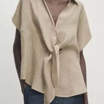 Massimo Dutti  Taupe Beige Tie Front Linen Blouse Size M Photo 0