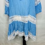 Swimsuit Coverup Dress Women One Size Blue White Crochet Lace Trim Boho Peasant Photo 2