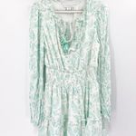 House of Harlow 1960 White GREEN Paisley Print Smocked Long Sleeve Mini Dress M Photo 0
