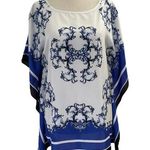 Dana Buchman  White & Blue Scarf Satin Blouse Women Size XS | 47-21 Photo 0