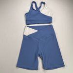 Wilo The Label Blue/White Athleisure Set Criss Cross Sports Bra Shorts Size M/L Blue Size L Photo 11
