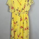DKNY  Shirred Floral Print Crepon Midi Dress Womens 14 Yellow Flutter Sleeve Chic Photo 6