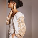 Anthropologie  Women’s Smocked Embroidered Puff Sleeve Square Neck White/Gold L Photo 2