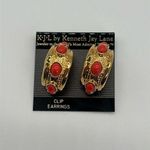 KJL Kenneth Jay Lane Gold Plated Faux Coral Glass Cabochon Hoop Clip Earrings Orange Photo 0