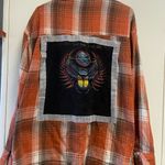 Orange and Brown Plaid Flannel Shirt XXL W Journey Graphic on back Photo 0
