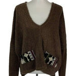 Altar'd State Altar’d State Cozy Boho Brown Fuzzy Knit Sweater Aztec Pockets V Neck Pullover S Photo 0