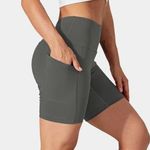 Halara Womens High Waisted Side Pocket Plain Biker Shorts 7'' Dark Jade Gray XS Photo 0