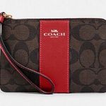 Coach  Corner Zip Wristlet In Signature Canvas Brown Red Gold NWT Designer Photo 0