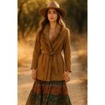 Vintage 70s Brown Suede Leather Coat Fur Collar Belted Boho Hippie Western M Size M Photo 2