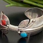 Vintage Navajo Signed Sterling Silver Turquoise Coral Feather Cuff Bracelet 34g. Photo 0