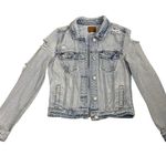 American Eagle  Jean Jacket Blue Distressed Denim Button Down Size Women's Small Photo 2