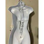 Commense Smocked Halter Crop Top Light Blue Ruffle Trim Women's Size S White Photo 3