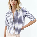 ZARA  Striped Button-Down Shirt in Navy and White Photo 0